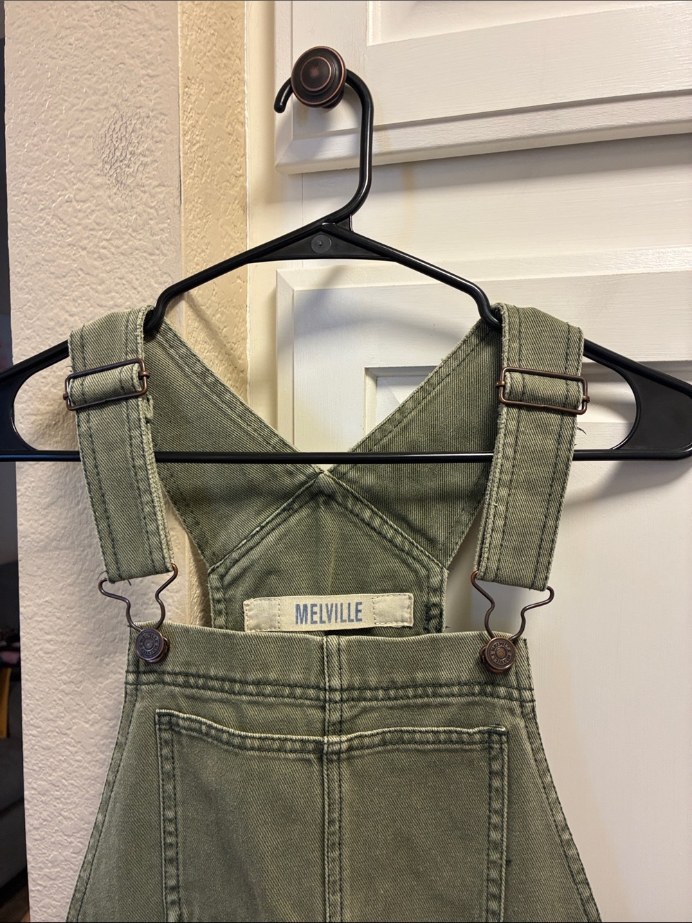 Melville 100% cotton green denim short overalls w/ a distressed, frayed hem. - Picture 5 of 14